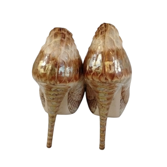 Loriblu Snake Leather Platform Heels Brown And Cream Embossed Peep Toe Pumps 7 - Picture 7 of 11